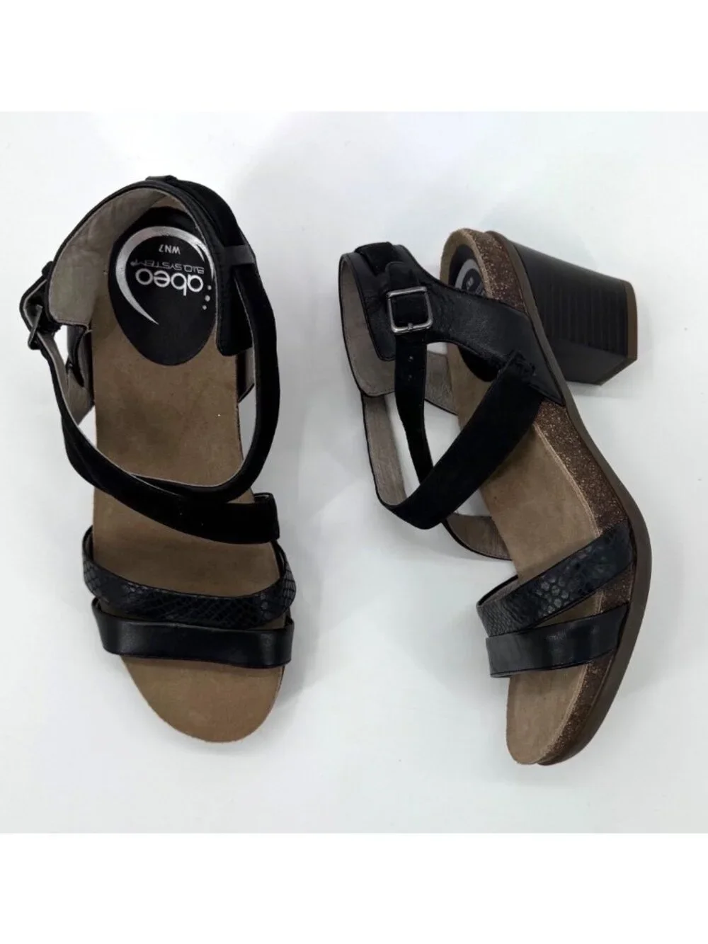 Abeo Bianca Black Leather Strappy Sandals With Block Heel & Bio System Comfort
